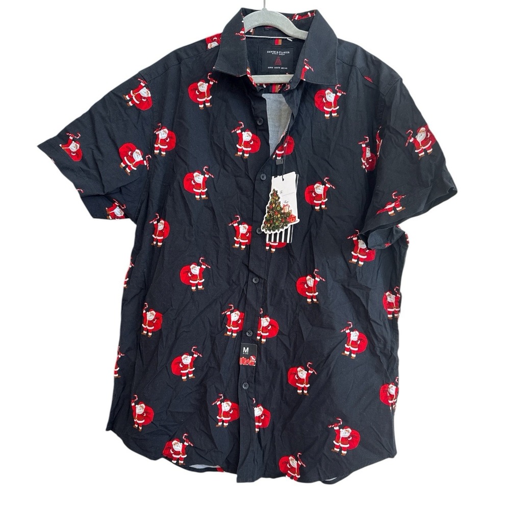 Denim & Flower Ricky Singh Santa Shirt Men's Medium Blue Christmas Button Up NWT